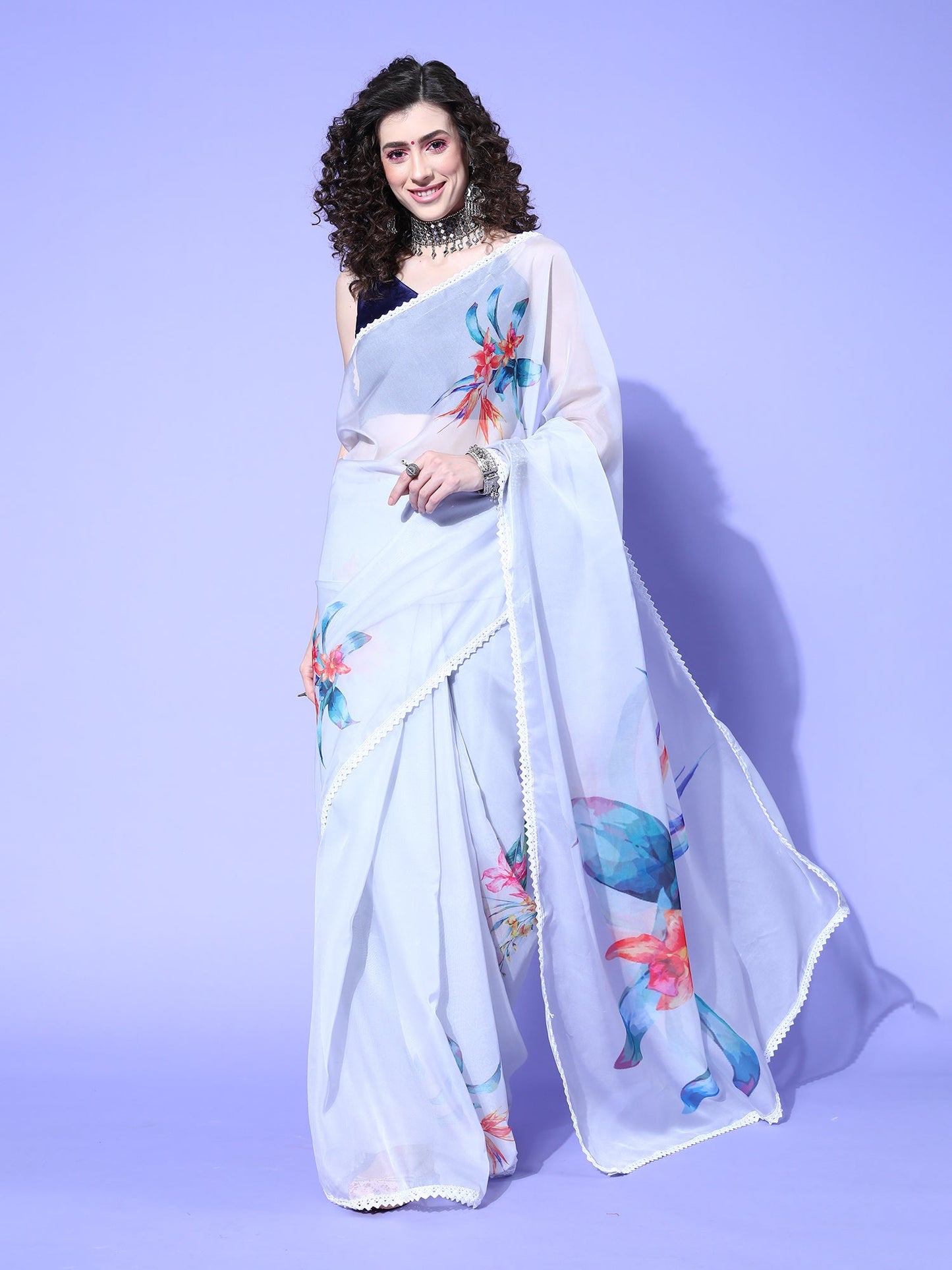 Women's Organza Grey Digital Print Designer Saree With Blouse Piece