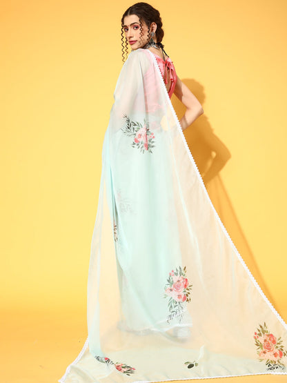 Women's Organza Sea Green Digital Print Designer Saree With Blouse Piece