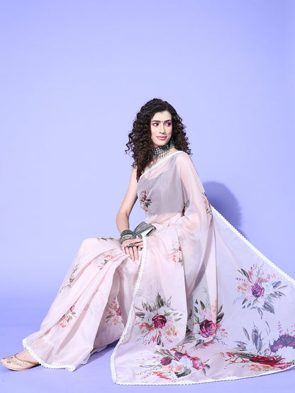 Women's Organza Beige Digital Print Designer Saree With Blouse Piece