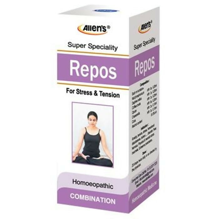 Allen's Homeopathy Repos Drops bottle with dropper, clear liquid inside, label showing product name and brand, on a plain background.
