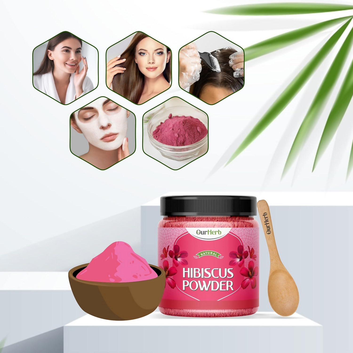 OurHerb Hibiscus Flower Powder face pack and hair mask for all hair types, shown in a natural, powder form in a bowl.