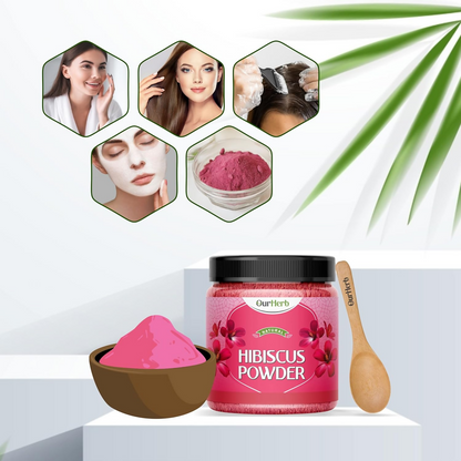 OurHerb Hibiscus Flower Powder face pack and hair mask for all hair types, shown in a natural, powder form in a bowl.