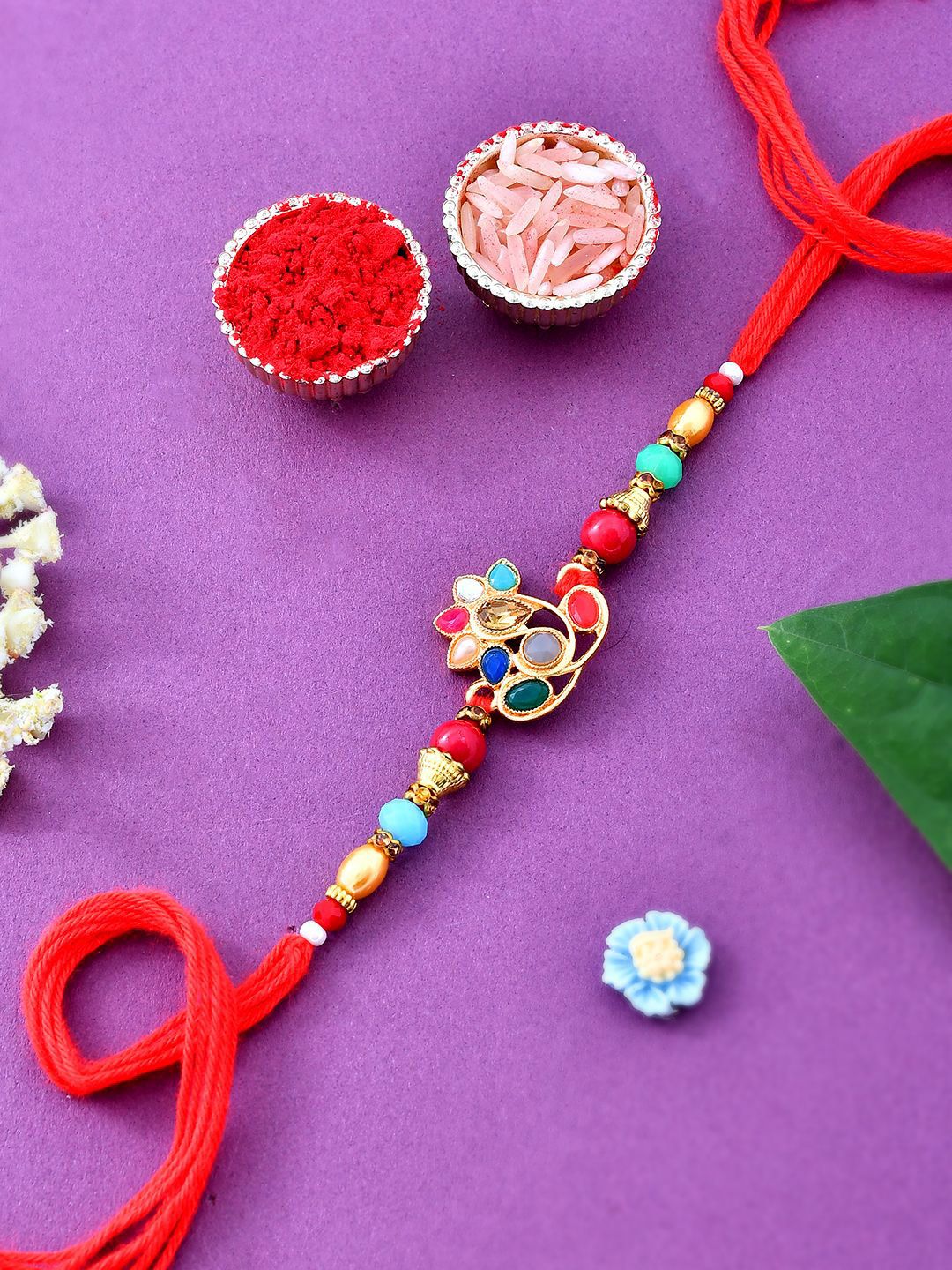 Anouk Red Beaded Embellished Rakhi With Roli Chawal & Greeting Card