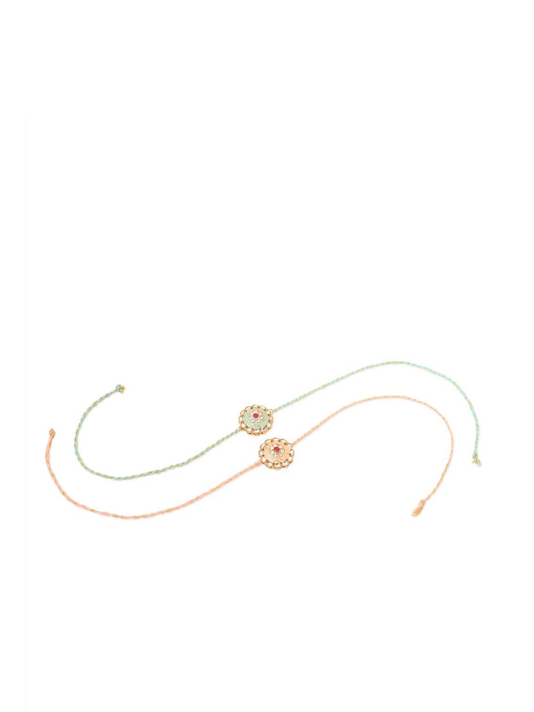 Anouk Men Set Of 2 Peach & Green Kundan Studded Round Floral Design Rakhi With Roli Chawal