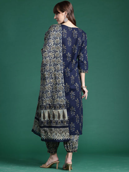 Indyancart IE Floral Printed Straight Pure Cotton Kurta with Salwar & Dupatta