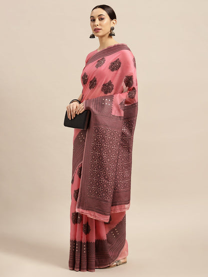 Women's Silk Blend Pink Woven Design Designer Saree With Blouse Piece