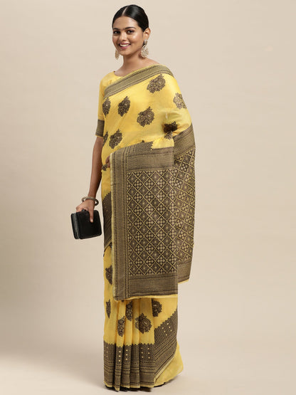 Women's Silk Blend Yellow Woven Design Designer Saree With Blouse Piece