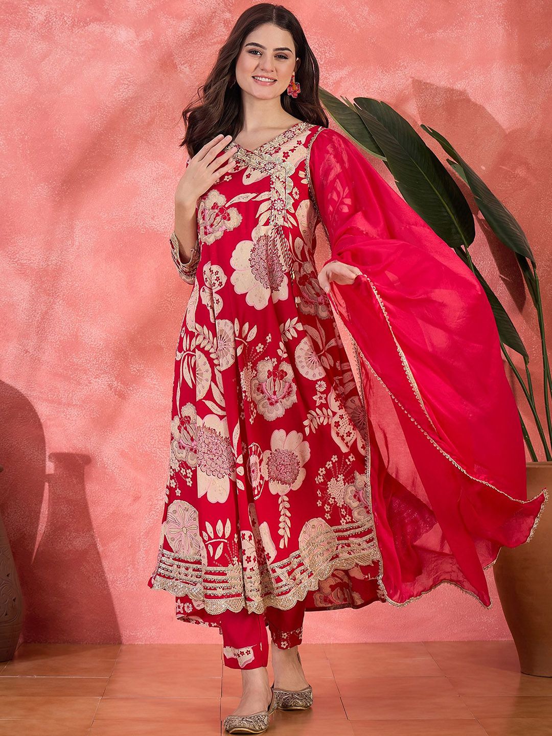 Indyancart SN Women's Floral Printed With Thread Work Embroidered Kurta With Trousers & Dupatta