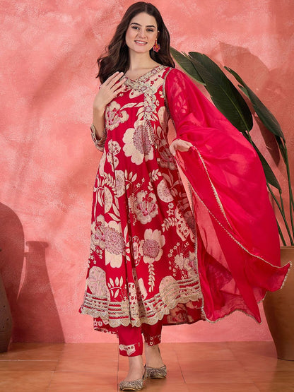 Indyancart SN Women's Floral Printed With Thread Work Embroidered Kurta With Trousers & Dupatta
