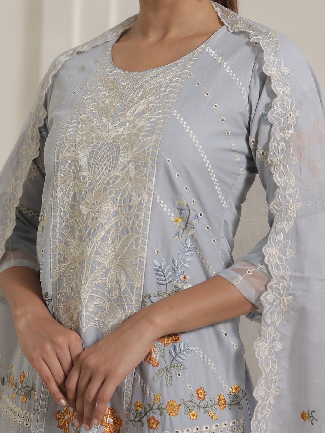 Floral Embroidered Straight Pure Cotton Kurta With Trousers & Dupatta