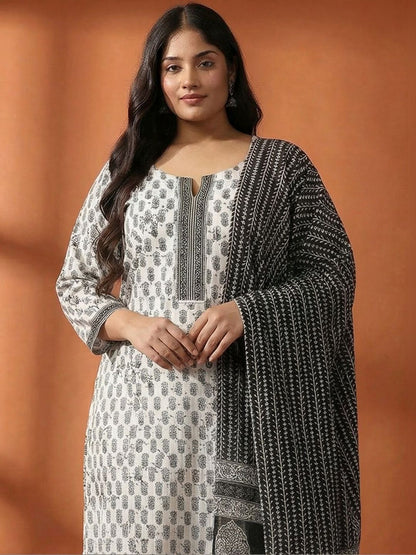 Indyancart Women's Ethnic Motifs Printed Regular Pure Cotton Kurta with Trousers & With Dupatta