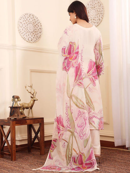 Indyancart VA Floral Embroidered Pure Silk Straight Kurta with Palazzos & With Dupatta
