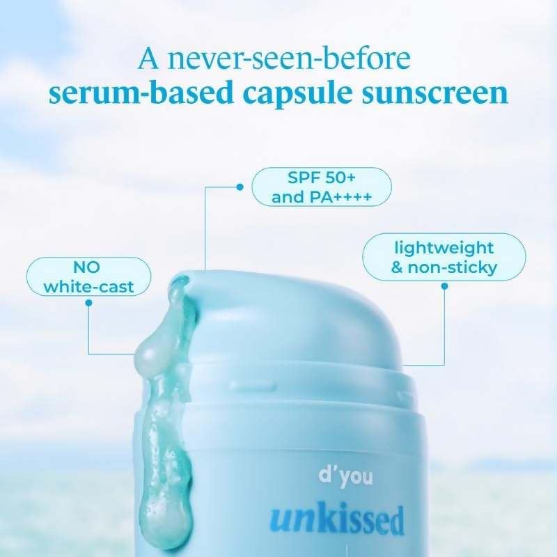 d'you Unkissed Serum Sunscreen SPF 50 PA++++ bottle with pump dispenser, lightweight formula, and UV protection.