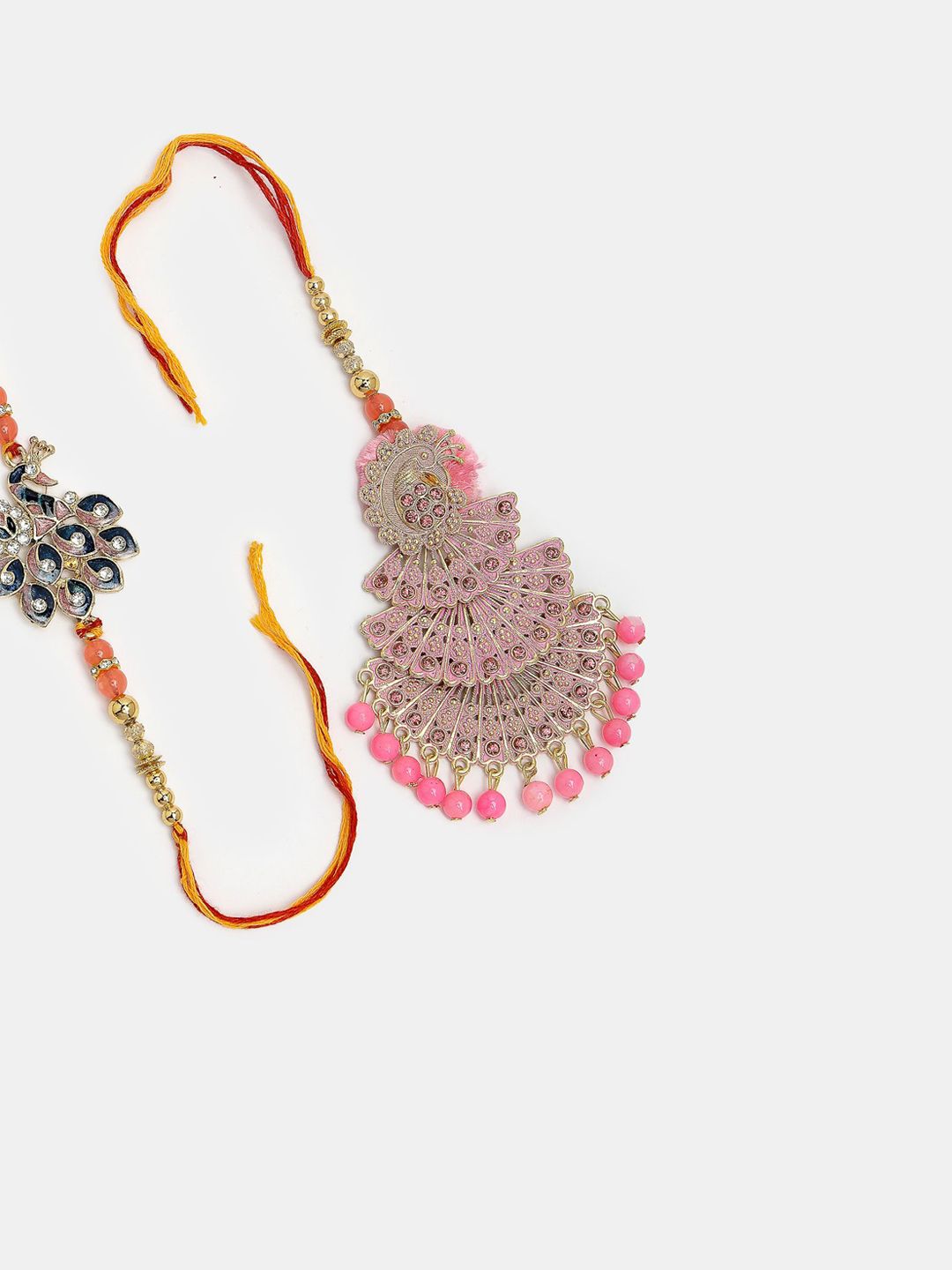 Anouk Unisex Set Of 2 Multicolor Peacock Design Stone & Beaded Bhaiya Bhabhi Rakhi
