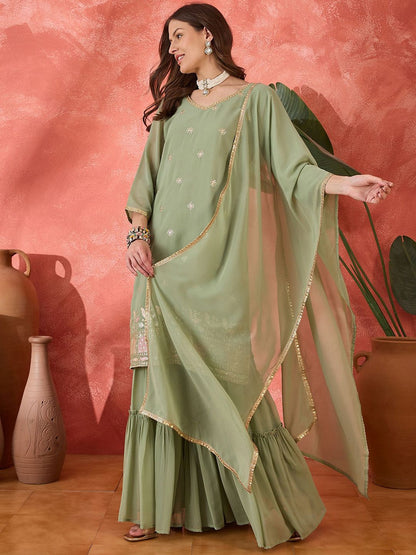 Indyancart SN Women's Ethnic Motifs Embroidered V-Neck Kurta & Sharara With Dupatta