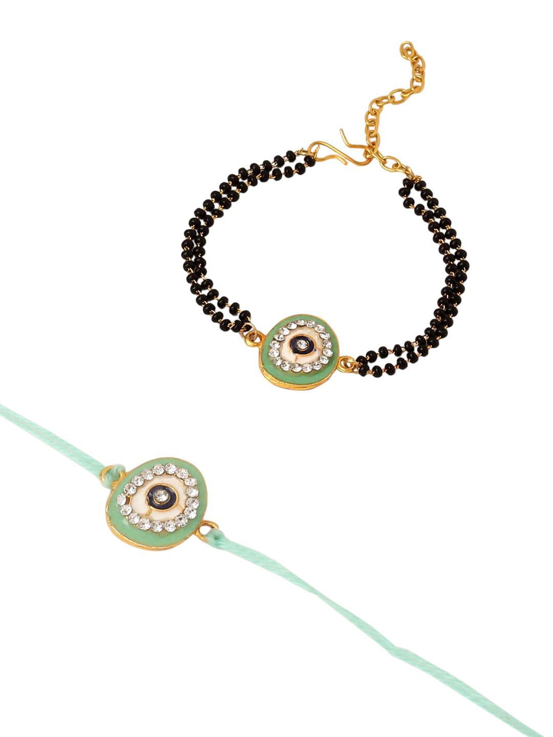 Anouk Set Of 2 Green Round Shape Artificial Stones Bhaiya Bhabhi Rakhi With Roli Chawal