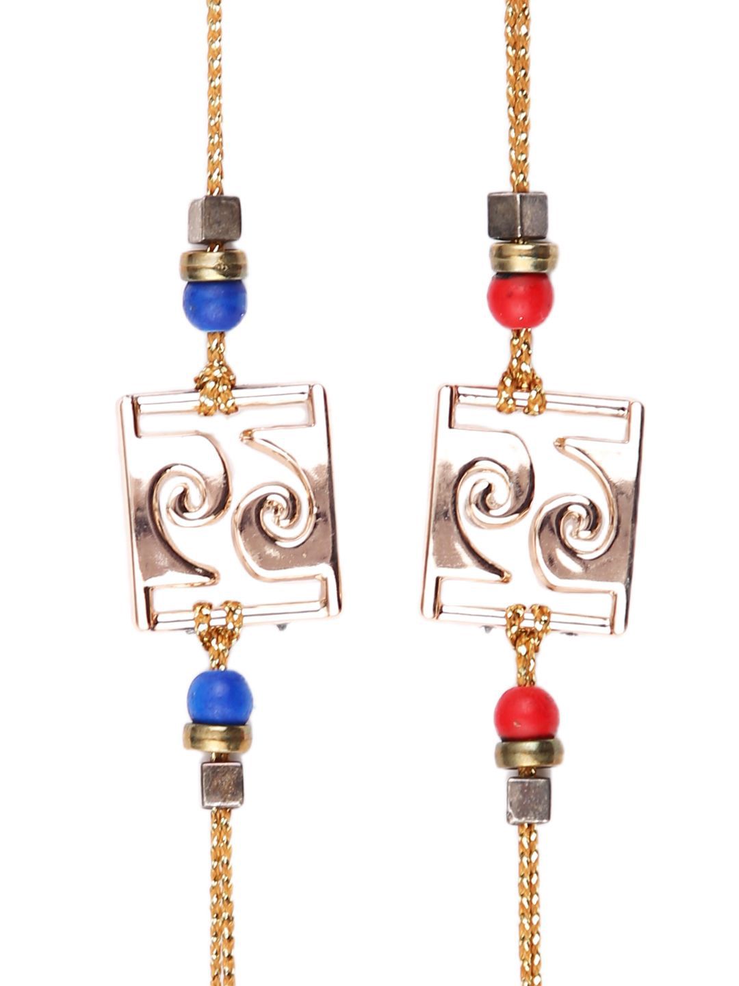 Anouk Red Set Of 2 Beaded Square Charm Thread Rakhis With Roli Chawal & Greeting Card