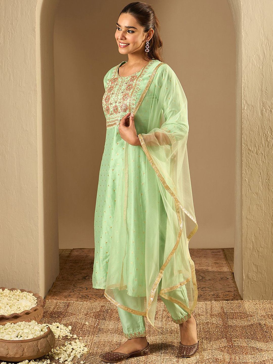 Indyancart IE Floral Embroidered Chanderi Silk Straight Kurta With Trousers & Dupatta