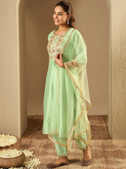 Indyancart IE Floral Embroidered Chanderi Silk Straight Kurta With Trousers & Dupatta
