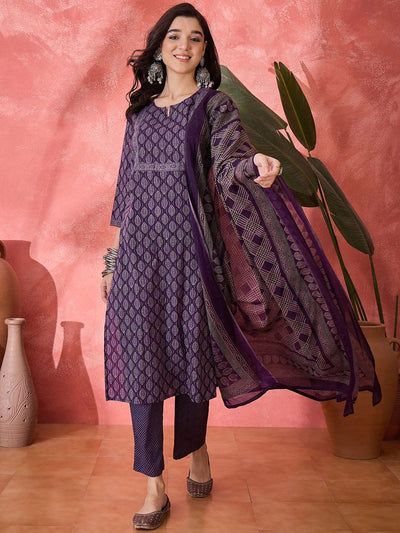 Indyancart SN Women's Floral Printed Pure Cotton Straight Kurta With Trousers & Dupatta