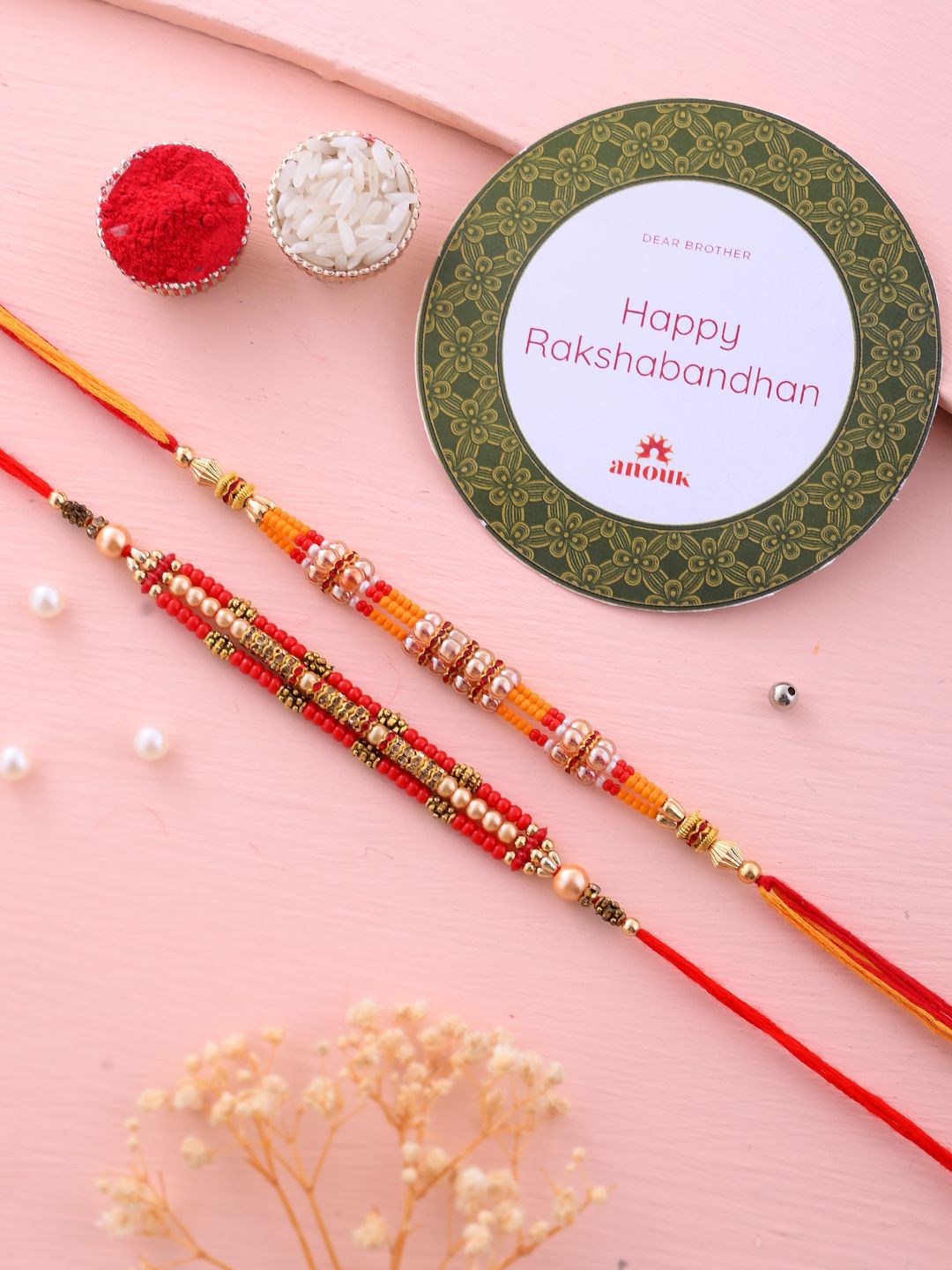 Anouk Set Of 2 Red Beaded Rakhi With Roli Rice & Greeting Card