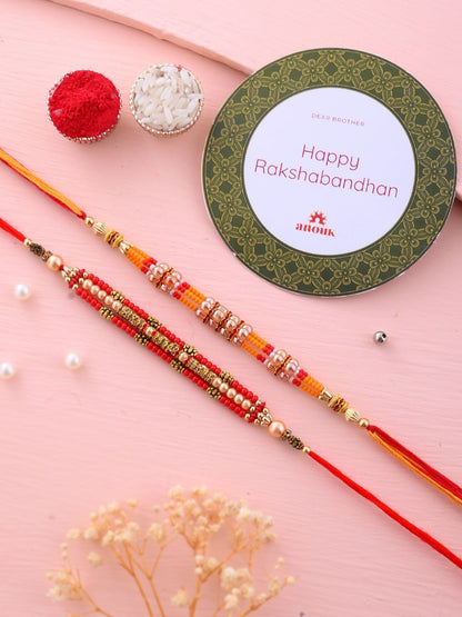 Anouk Set Of 2 Red Beaded Rakhi With Roli Rice & Greeting Card