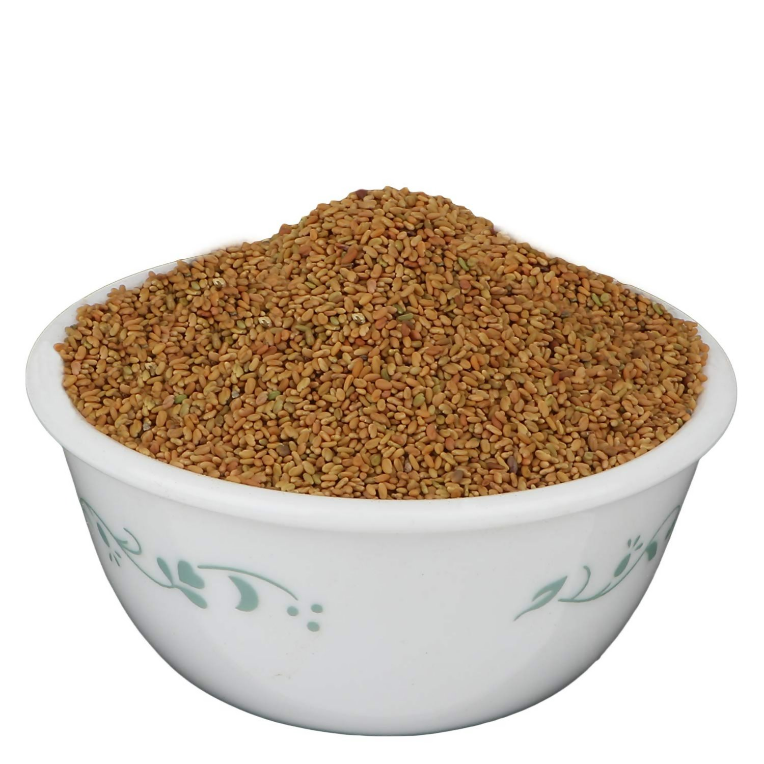 Yuvika Kasuri Methi seeds, Champa Methi spice in a small glass jar, showing dried green leaves used in Indian cooking