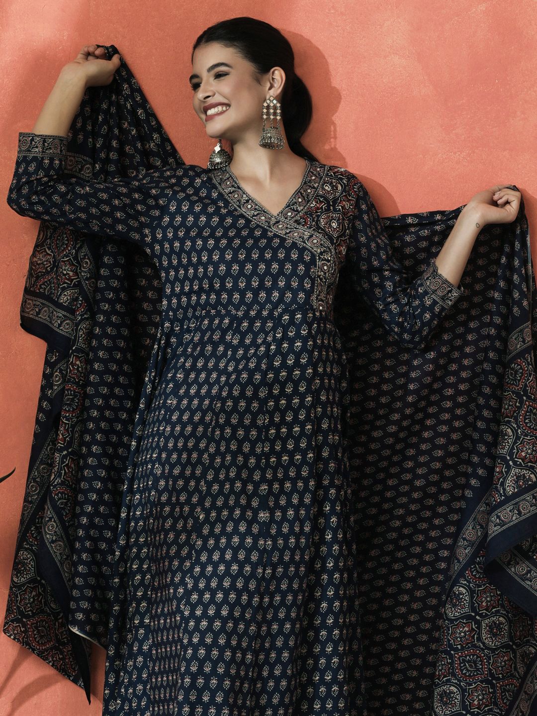 Indyancart SN Women's Floral Printed Pure Cotton V-Neck Angrakha Kurta With Trousers And Dupatta