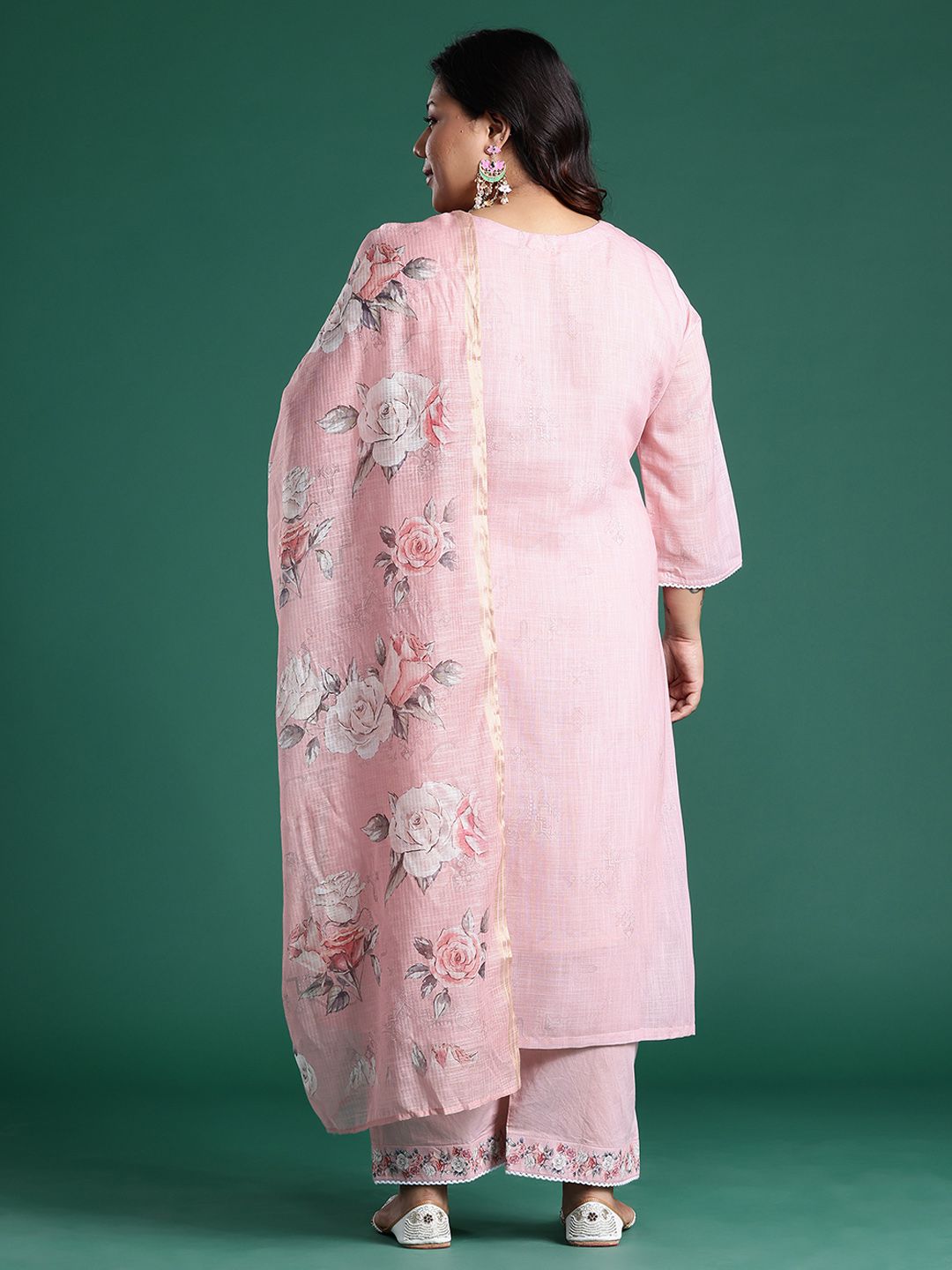 Indyancart Women's Pink Embroidered Straight Kurta With Trousers & Dupatta