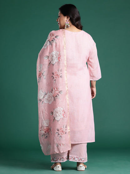 Indyancart Women's Pink Embroidered Straight Kurta With Trousers & Dupatta
