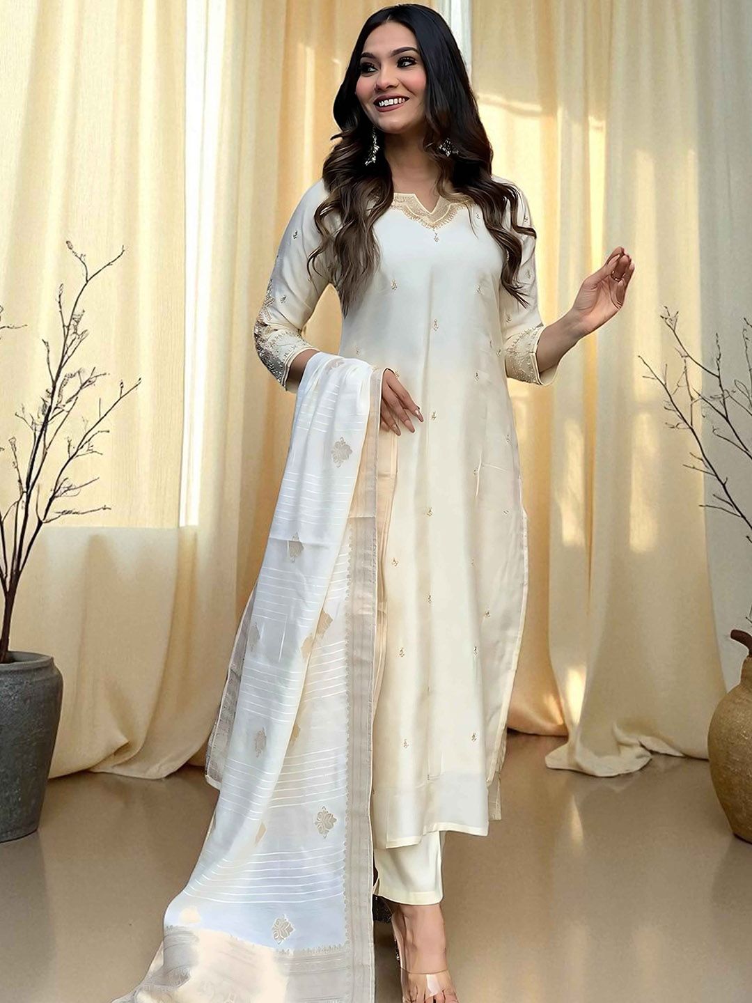 Indyancart SN Women's Floral Embroidered Cotton Kurta with Pyjamas & Dupatta