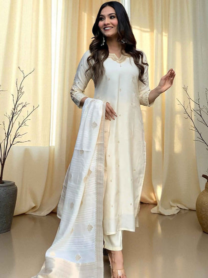 Indyancart SN Women's Floral Embroidered Cotton Kurta with Pyjamas & Dupatta