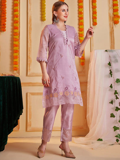 Indyancart SN Women's Floral Embroidered Notch Neck Thread Work Straight Kurta With Trouser & Dupatta