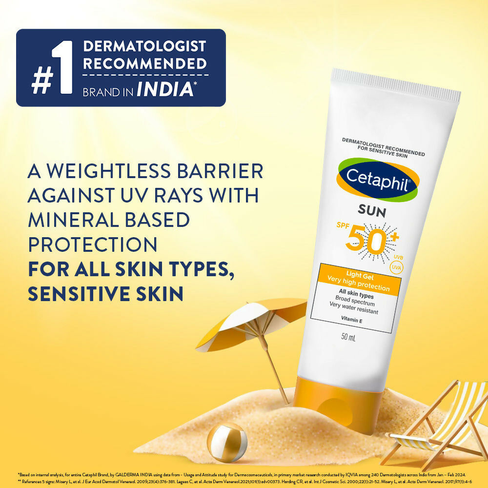 Cetaphil Sun SPF 50 Light Gel Mineral Sunscreen for normal, dry, and oily skin, in a white tube with a blue cap.