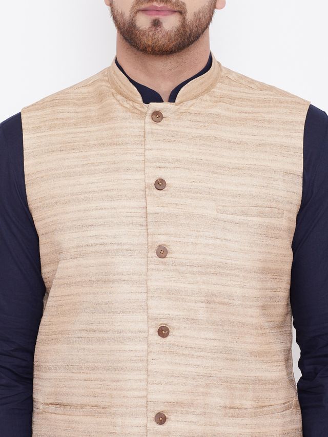 Men's Navy Blue Cotton Blend Straight Jacket  Kurta and Pyjama Set