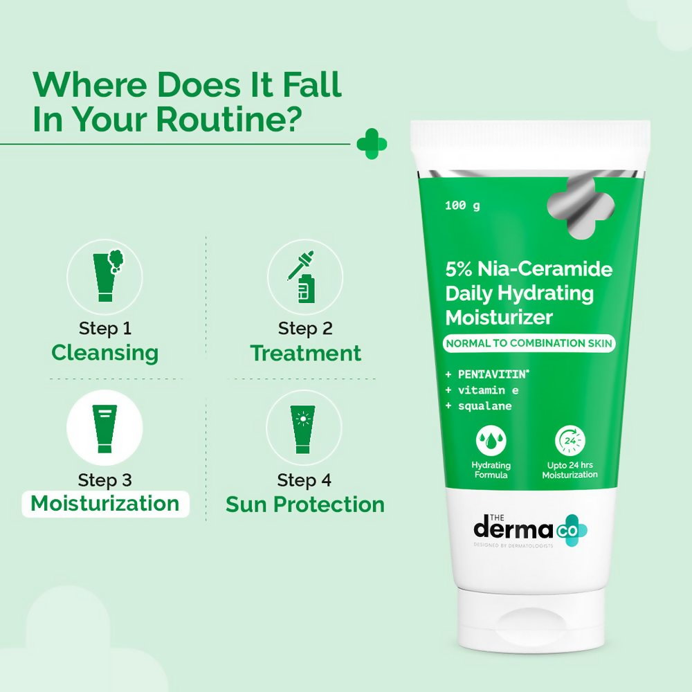The Derma Co 5% Nia-Ceramide Daily Hydrating Moisturizer for face, showing the creamy textured moisturizer in a jar.