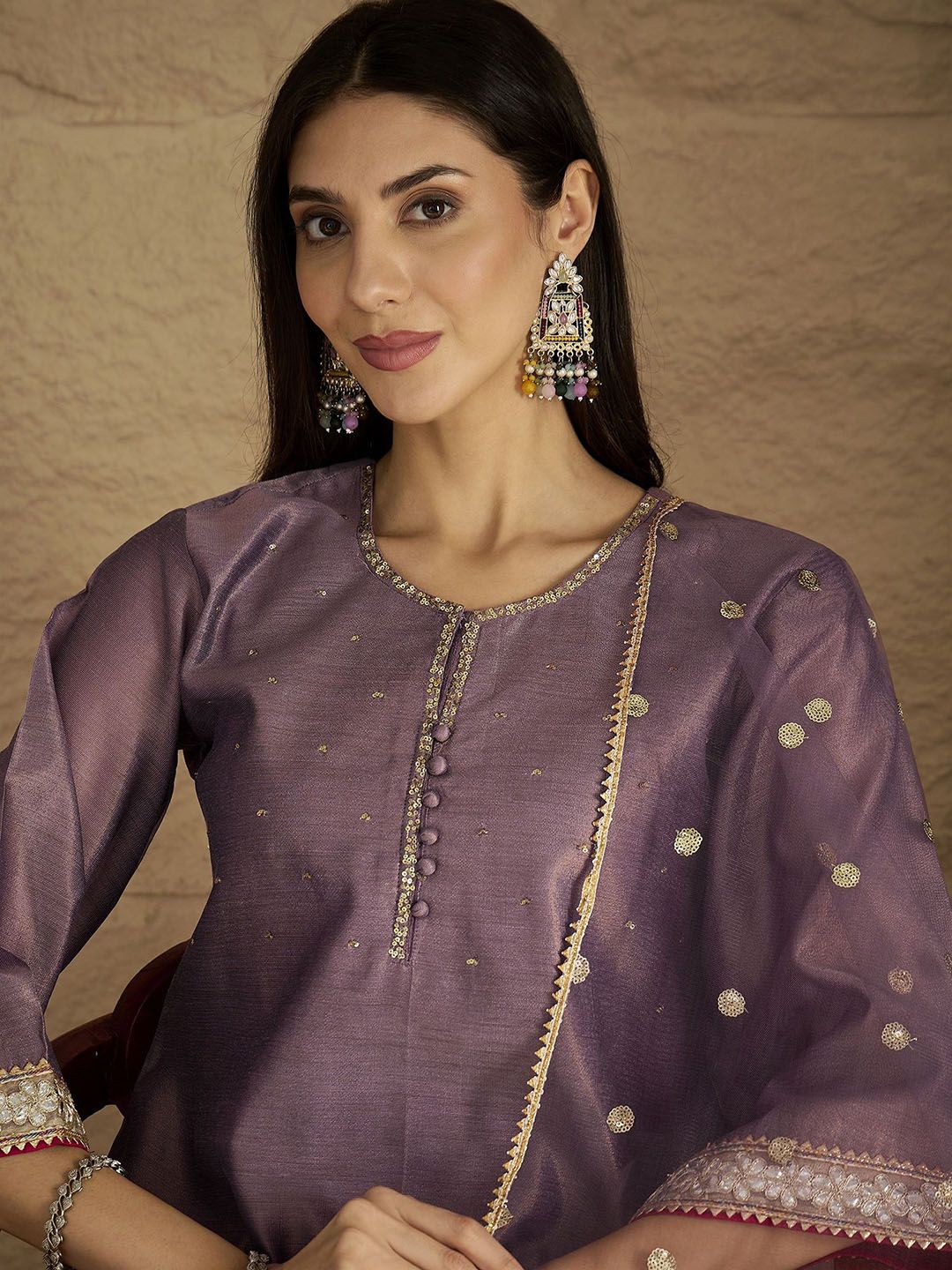 Indyancart VA Women Regular Sequinned Kurta with Palazzos & With Dupatta