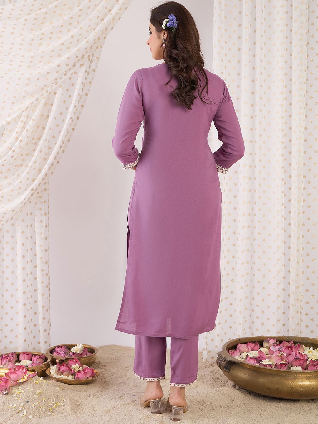 Floral Embroidered Thread Work Yoke Design Round Neck Straight Kurta With Trouser