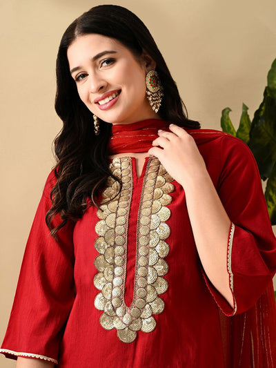 Indyancart SN Women's Embroidered Keyhole Neck Bell Sleeves Kurta & Palazzos Set with dupatta