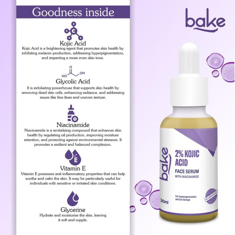 Bake 2% Kojic Acid and Niacinamide facial serum bottle, showcasing the serum's sleek packaging and label.