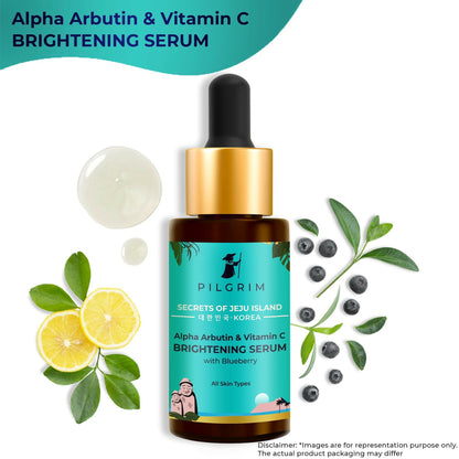 Pilgrim brightening face serum with 2% alpha arbutin and 3% vitamin C for glowing skin, from Korean skincare collection.