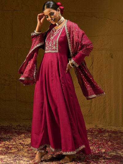 Indyancart IE Women Ethnic Motifs Embroidered Panelled Thread Work Kurta with Trousers & With Dupatta