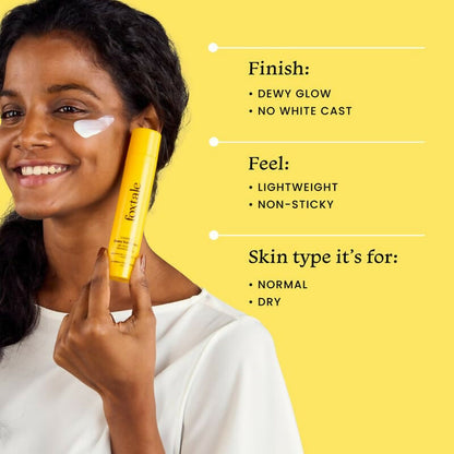 Foxtale dewy SPF 70 PA++++ sunscreen bottle with niacinamide, vitamin E, and provitamin B5 for anti-tan and depigmentation.