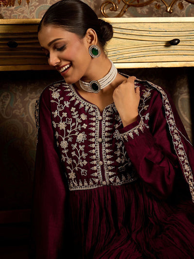 Indyancart IE Floral Zari Embroidered Pleated A-Line Kurta with Trouser & Dupatta