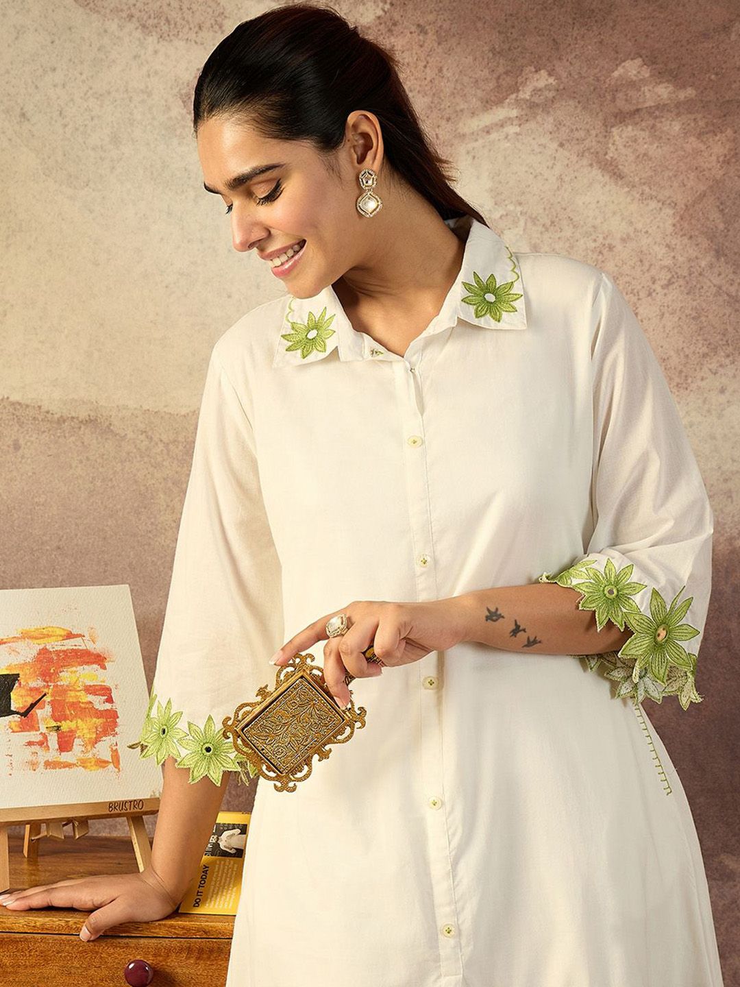 Floral Embroidered Thread Work Pure Cotton Kurta With Palazzo