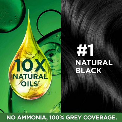 Garnier Color Naturals Creme Riche Hair Color in Shade 1 Natural Black showing creamy hair dye in a tube with packaging