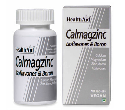 HealthAid Calmagzinc Ayurvedic tablets in a bottle, showing the supplement capsules and label with product details.