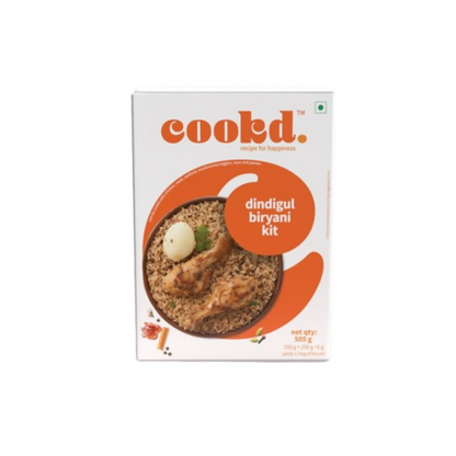 Cookd Dindigul Biryani Kit with flavorful biryani masala in a sealed package, ready for cooking authentic Indian biryani.