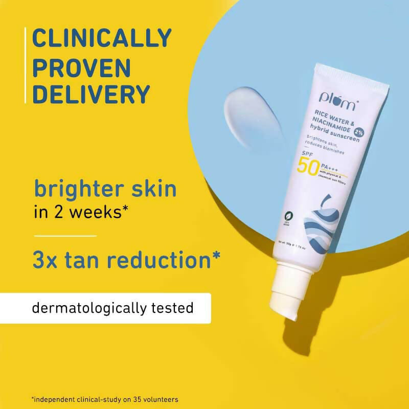 Plum Niacinamide Sunscreen SPF 50 PA+++ with UVA/UVB protection, no white cast, dermat tested, suitable for reducing tan