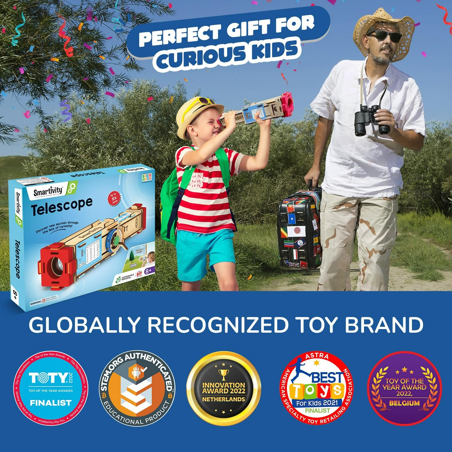 Smartivity telescope toy for kids measuring height and distance, designed for children aged 8 to 14 years old.